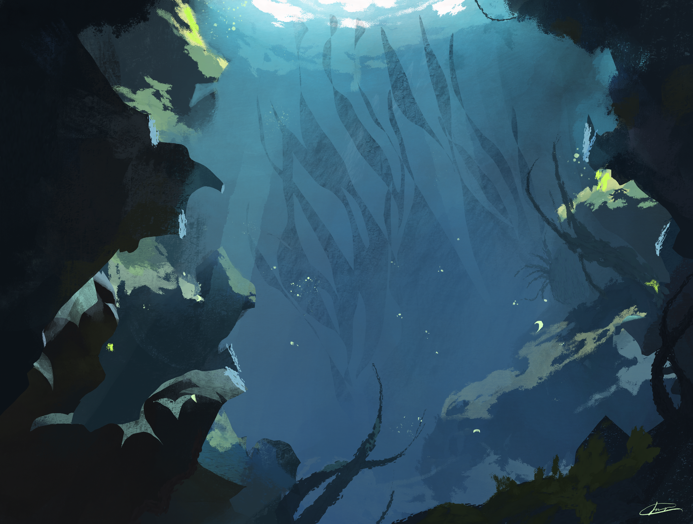 Digital painting of sunlight filtering through ocean water